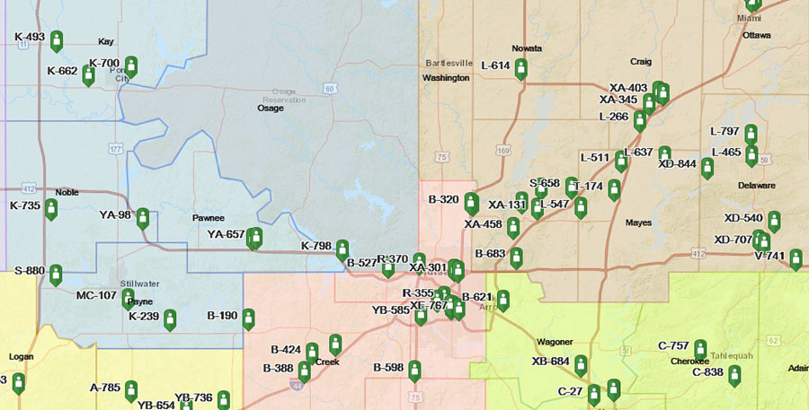 The green icons on the map shows the positions of OHP troopers. Application designed by Christopher L Rogers, Oklahoma Department of Public Safety.