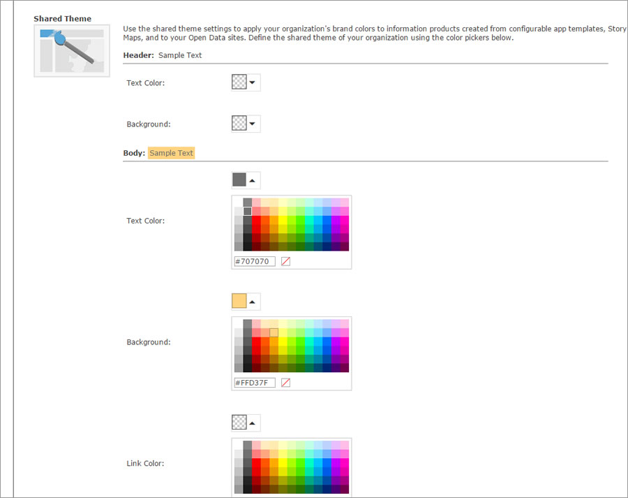 You can apply your organization's brand colors to web apps and some Esri Story Maps apps.