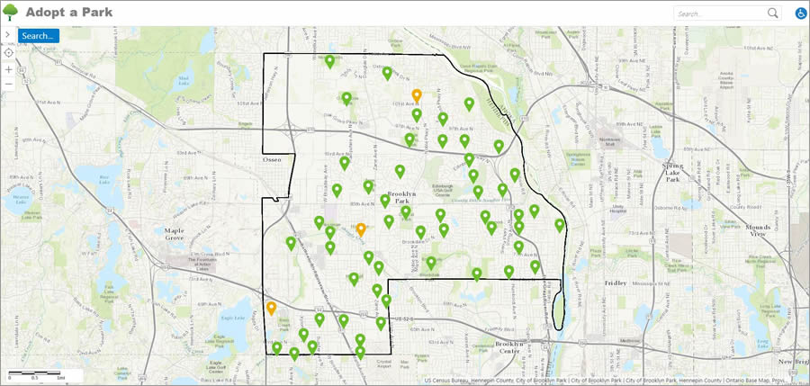 The parks available to adopt are symbolized in green on the Adopt a Park app. The parks available to adopt are symbolized in green on the Adopt a Park app.