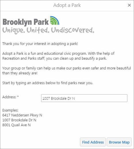 The Adopt a Park app includes a search box for addresses. If you type in an address, the app will return the closest parks to that location.