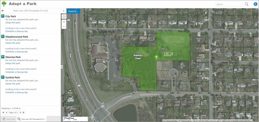 A search for parks near 1007 Brookdale Drive North turned up four nearby parks that are currently available to adopt, including Sunkist Park.