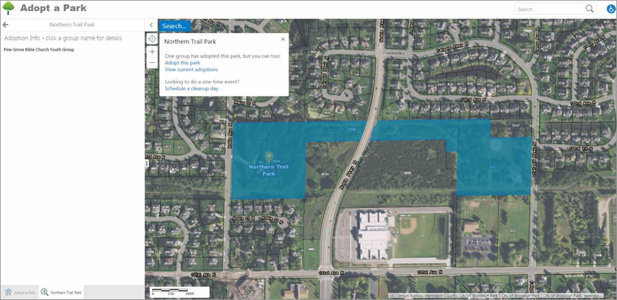 The app shows that Northern Trail Park has been adopted.