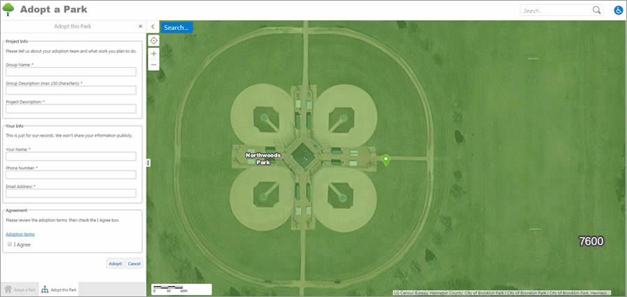 The Adopt a Park application asks questions such as the name of the individual or organization that will adopt the park and a description of the clean-up project that's planned. The app also shows imagery of the park. The Adopt a Park application asks questions such as the name of the individual or organization that will adopt the park and a description of the clean-up project that's planned. The app also shows imagery of the park.