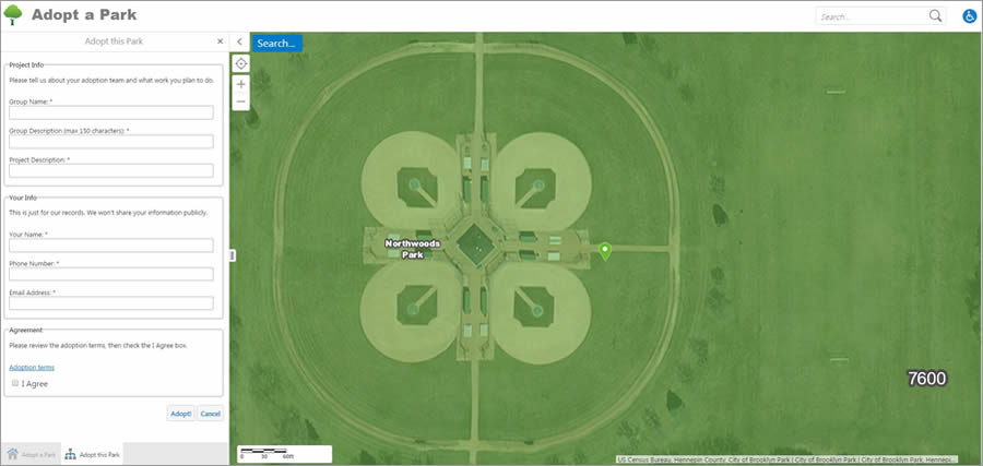 The Adopt a Park application asks questions such as the name of the individual or organization that will adopt the park and a description of the clean-up project that's planned. The app also shows imagery of the park.
