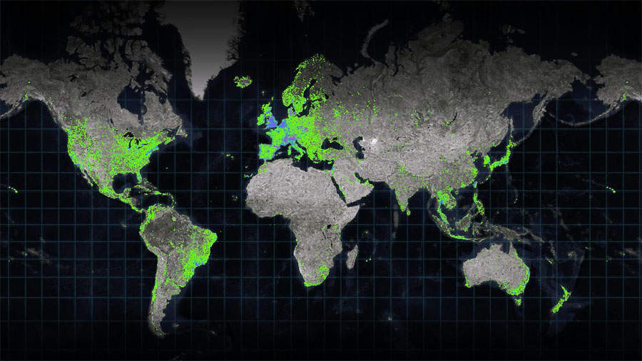 This map, created by Relive and Esri Netherlands, shows where cycling, running, and hiking videos have been made globally. Green symbolizes cycling, blue symbolizes running, and purple symbolizes hiking.