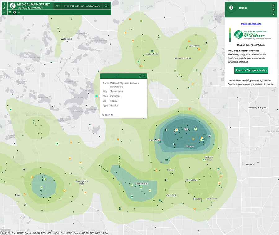 Oakland County’s Medical Main Street map, which highlights the county’s thriving and growing health care businesses, markets the area as a destination for medical services.