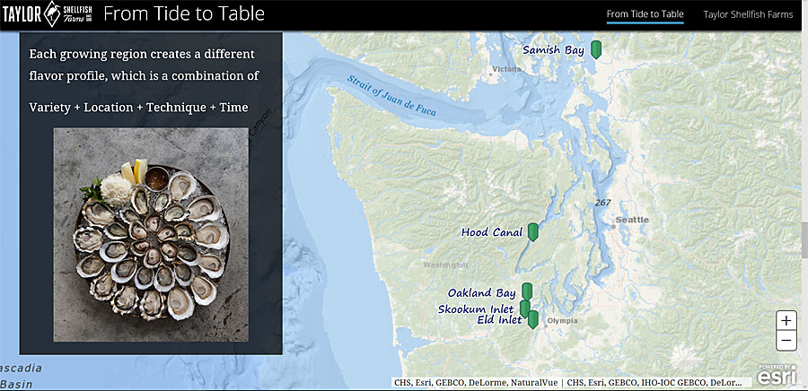 Taylor Shellfish Farms created a story map to illustrate where the oysters, clams, mussels, and geoduck are grown.