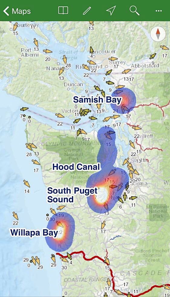 This heat map shows the concentration of farms operated by Taylor Shelllfish Farms.