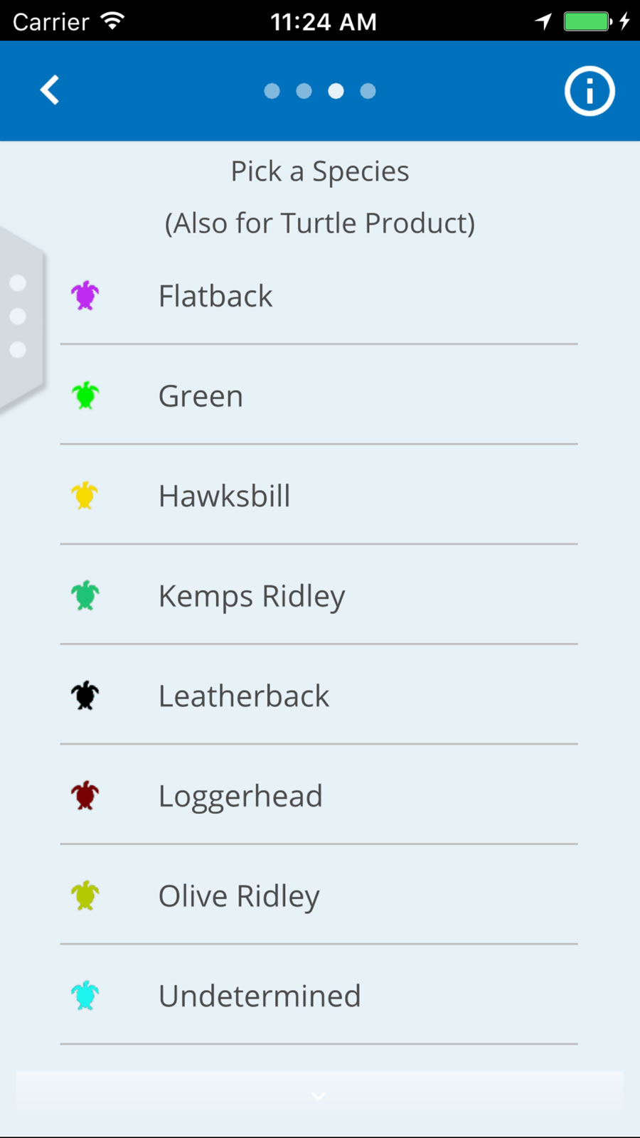 The app lets you select the species of turtle that you spotted.