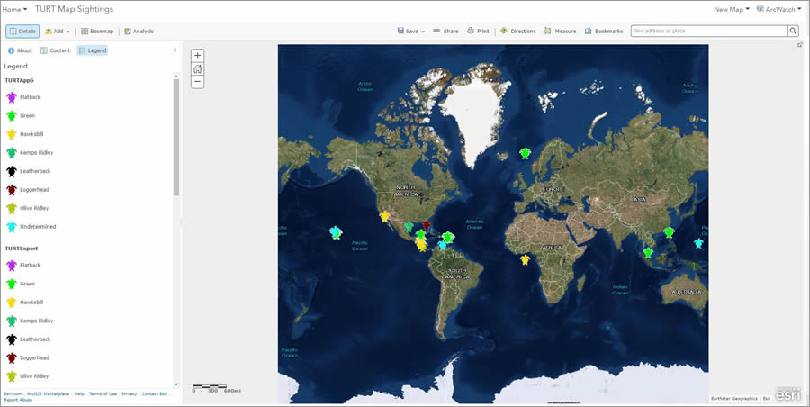 This map, available to view in ArcGIS Online, shows the sea turtle species and locations of sightings that have been documented by the TURT app users around the world. This map, available to view in ArcGIS Online, shows the sea turtle species and locations of sightings that have been documented by the TURT app users around the world.