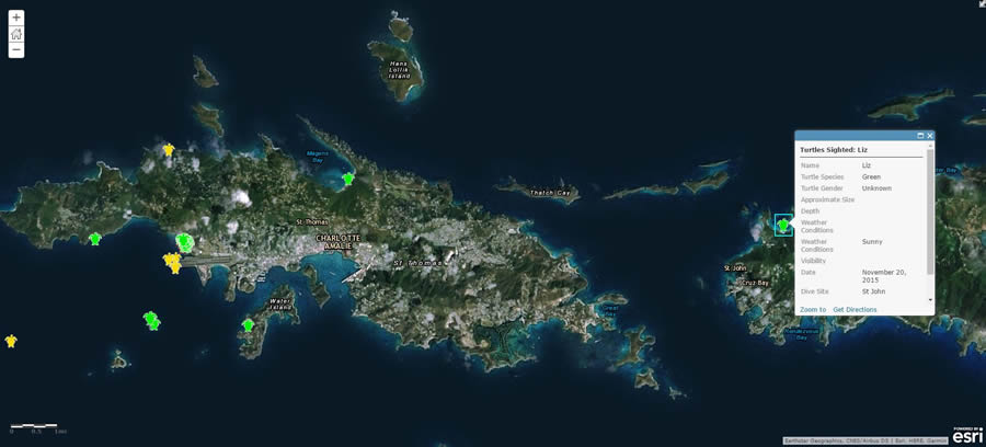 A pop-up provides details of a sea turtle sighting on the island of Saint John, U.S. Virgin Islands. A pop-up provides details of a sea turtle sighting on the island of Saint John, U.S. Virgin Islands.