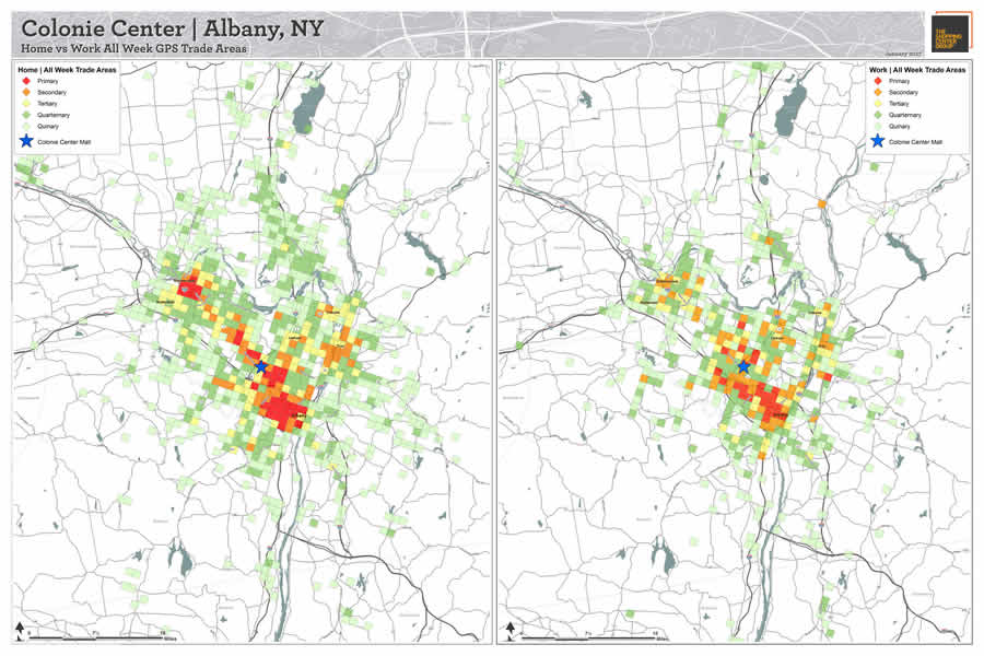 Using two GPS datasets, The Shopping Center Group developed this map in ArcGIS Desktop to highlight the differences between where people who frequent Colonie Center in Albany, New York, live and where they work. This information is then used within Esri Business Analyst Online to uncover the slight variations in both the demographics and the psychographics of Colonie Center guests.
