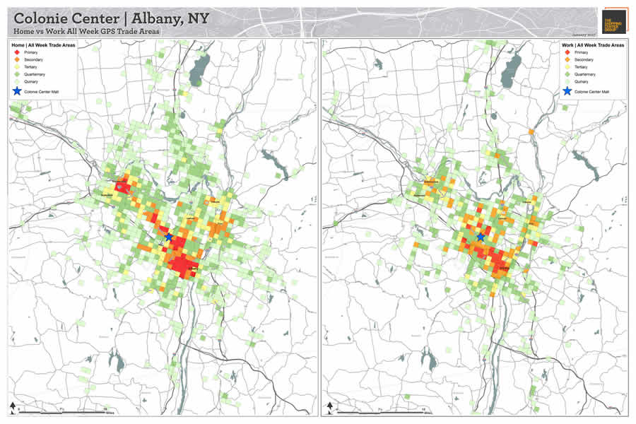 Using two GPS datasets, The Shopping Center Group developed this map in ArcGIS Desktop to highlight the differences between where people who frequent Colonie Center in Albany, New York, live and where they work. This information is then used within Esri Business Analyst Online to uncover the slight variations in both the demographics and the psychographics of Colonie Center guests. Using two GPS datasets, The Shopping Center Group developed this map in ArcGIS Desktop to highlight the differences between where people who frequent Colonie Center in Albany, New York, live and where they work. This information is then used within Esri Business Analyst Online to uncover the slight variations in both the demographics and the psychographics of Colonie Center guests.