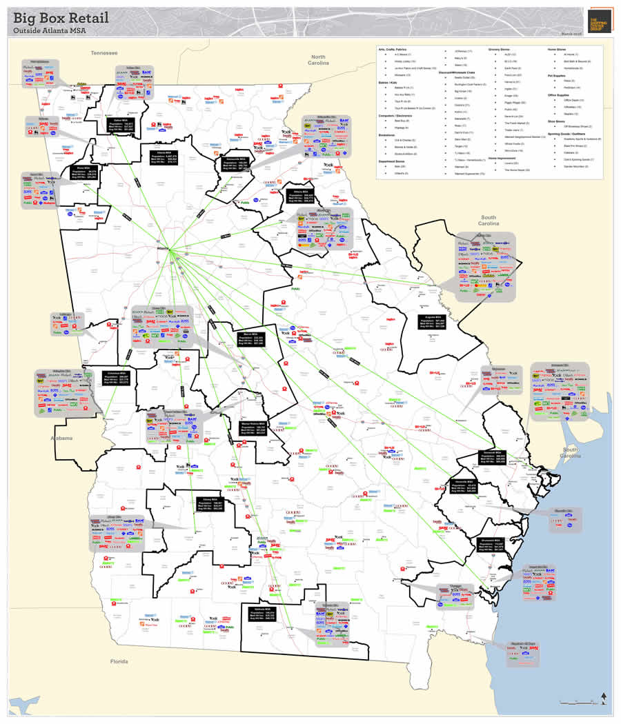 Having quick access to information is important to The Shopping Center Group when working with its retail clients. Created with ArcGIS Desktop, the Big Box Retail map provides The Shopping Center Group's brokers with a snapshot of metropolitan statistical areas (MSAs) and includes key demographics, major retailers, and the distances from Atlanta, Georgia. Having quick access to information is important to The Shopping Center Group when working with its retail clients. Created with ArcGIS Desktop, the Big Box Retail map provides The Shopping Center Group's brokers with a snapshot of metropolitan statistical areas (MSAs) and includes key demographics, major retailers, and the distances from Atlanta, Georgia.