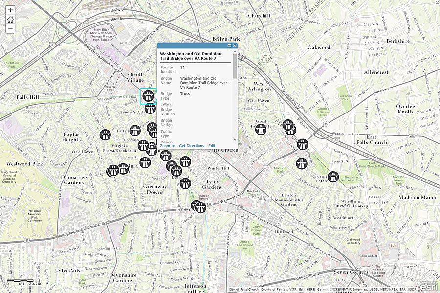 Pop ups on this map display information about the city’s bridges that was collected during the bridge inventory.