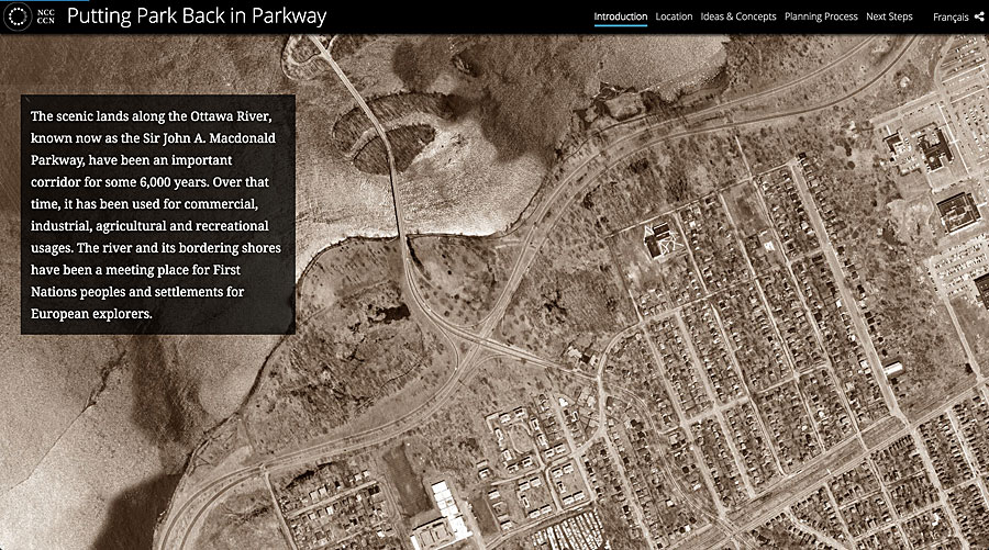 The story map Putting Park Back in Parkway details the vision and plans for the Sir John A. Macdonald Riverfront Park in Ottawa, Canada. The story map Putting Park Back in Parkway details the vision and plans for the Sir John A. Macdonald Riverfront Park in Ottawa, Canada.