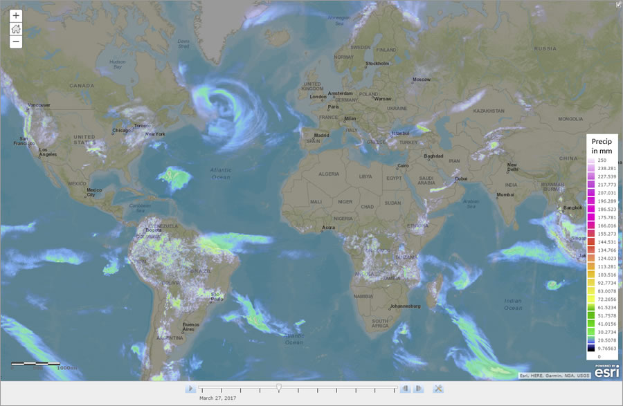 With Weather Decision Technologies' time-enabled global forecasts map service, users can see each day of a 10-day precipitation forecast, like this one.