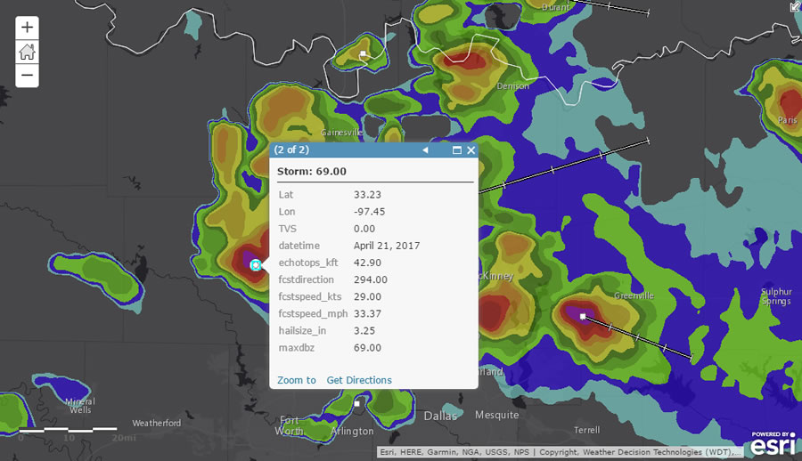 Users can quickly add past, present, and future weather data to their maps and apps to analyze, for example, how hail in North Texas contributed to more than $1 billion in losses.