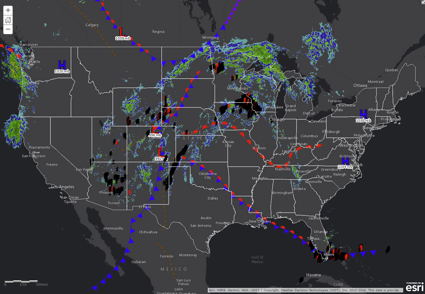 The ArcGIS platform makes it easy to publish live, dynamic, rapidly updated data. This real-time map service, for example, shows frontal analysis (updated every three hours), North American weather radar (updated every five minutes), and lightning data (updated every minute).