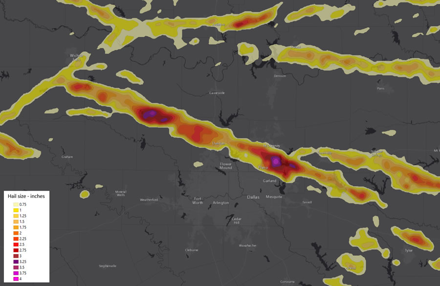 Users can quickly add past, present, and future weather data to their maps and apps to analyze, for example, how a hail swath across North Texas on April 11, 2016, contributed to more than $1 billion in losses.