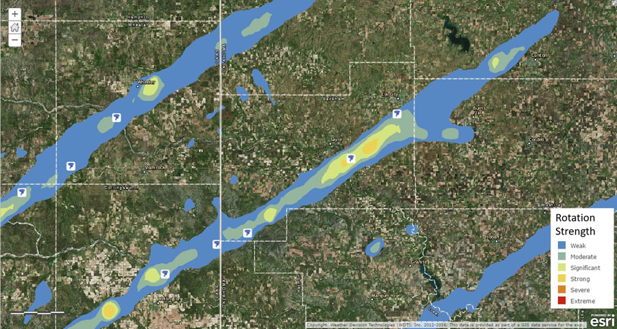 Overlaying storm motion vectors (the white lines with tick marks) onto radar data with storm attributes lets users see where a storm is moving and how fast.