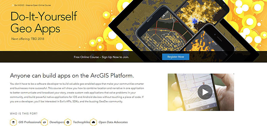 The Do-It-Yourself Geo Apps MOOC teaches people how to develop their own geospatial tools. The Do-It-Yourself Geo Apps MOOC teaches people how to develop their own geospatial tools.