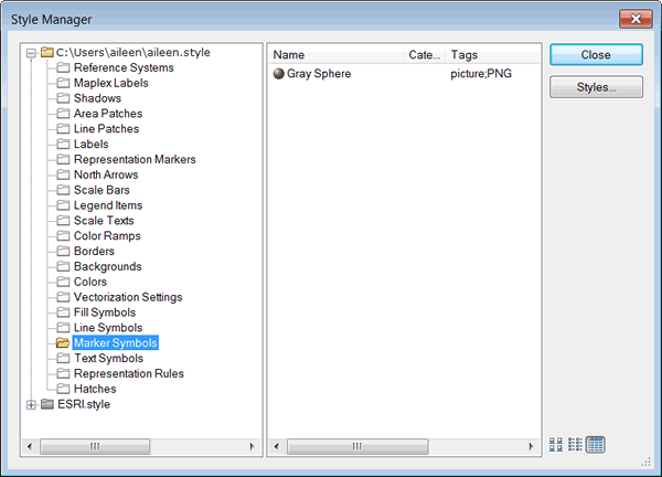 Figure 2. The Style Manager window shows the Gray Sphere picture marker symbol in the Marker Symbols folder.