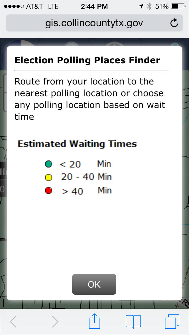 The app shows real-time wait times at the voting centers throughout Collin County.