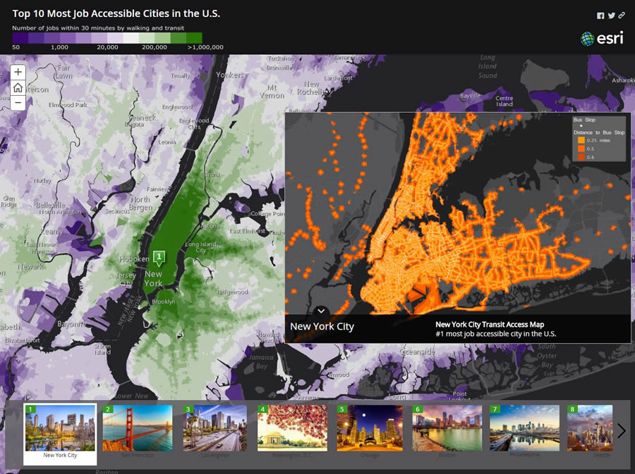 The colors in the photographs complement the colors in the job accessibility map.
