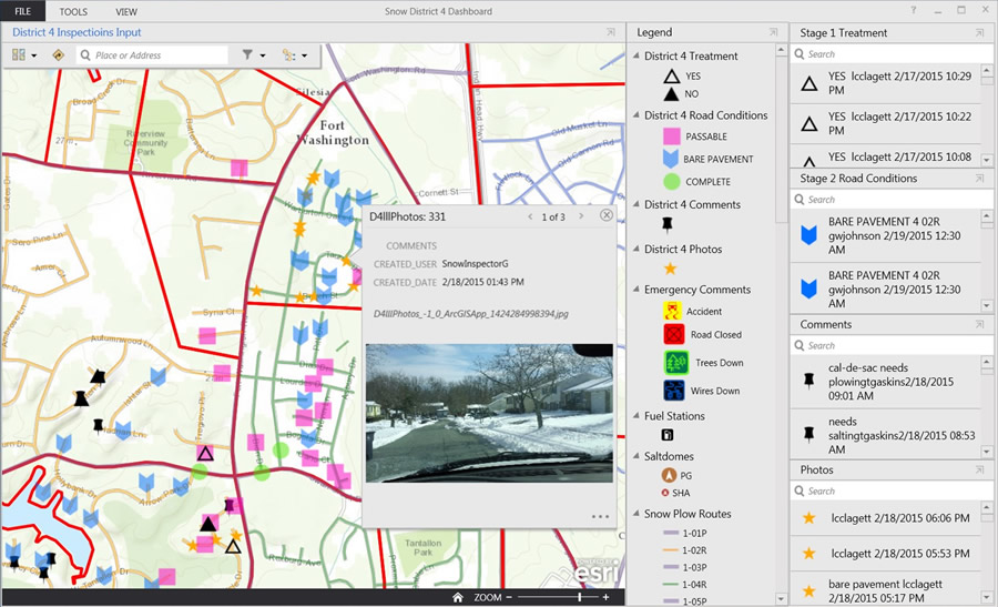 Real-time data about snow and road conditions is fed into Operations Dashboard for ArcGIS.