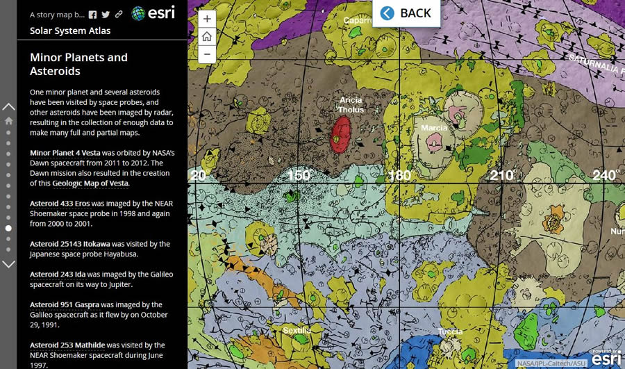 This geologic map of minor planet Vesta was created based on data collected by the Dawn spacecraft.