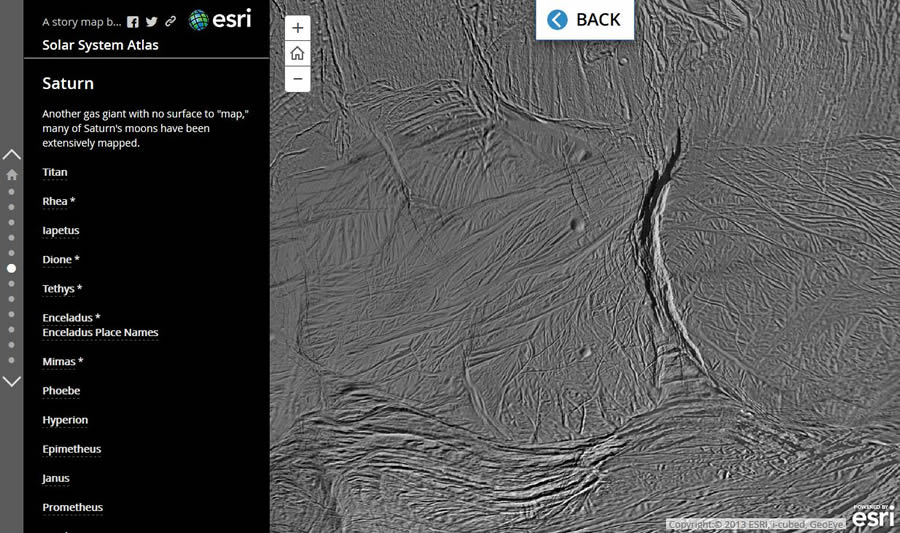 Saturn's moon Enceladus, which is composed primarily of water ice, has been extensively mapped by the Cassini probe. Saturn's moon Enceladus, which is composed primarily of water ice, has been extensively mapped by the Cassini probe.