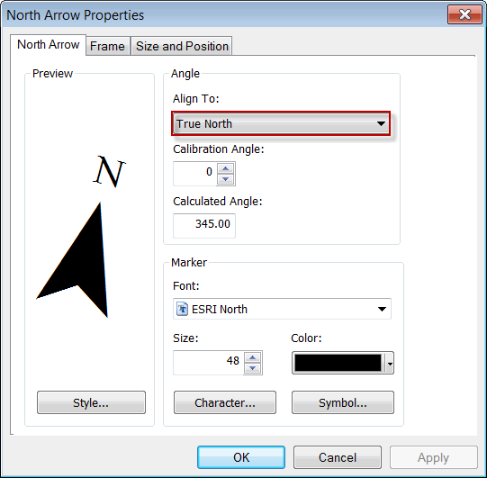 Figure 3. Set the Align To option to True North in the North Arrow Properties dialog box.