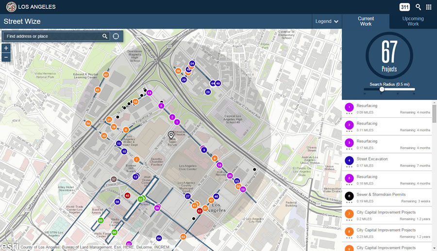 You can use the Street Wize mapping app to see the location of sewer and storm drain, street excavation, street resurfacing, and other projects in downtown Los Angeles. The map also includes information such as how long each project will take to complete.