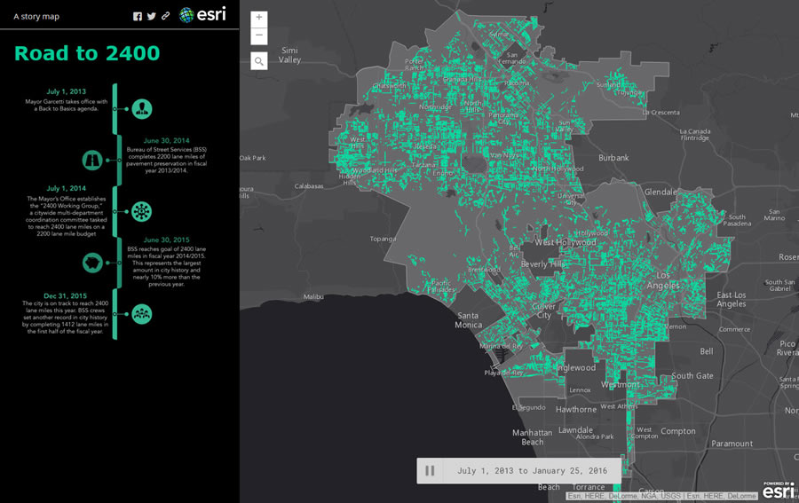View the road work completed in the City of Los Angeles over time using the Road to 2400 mapping app.