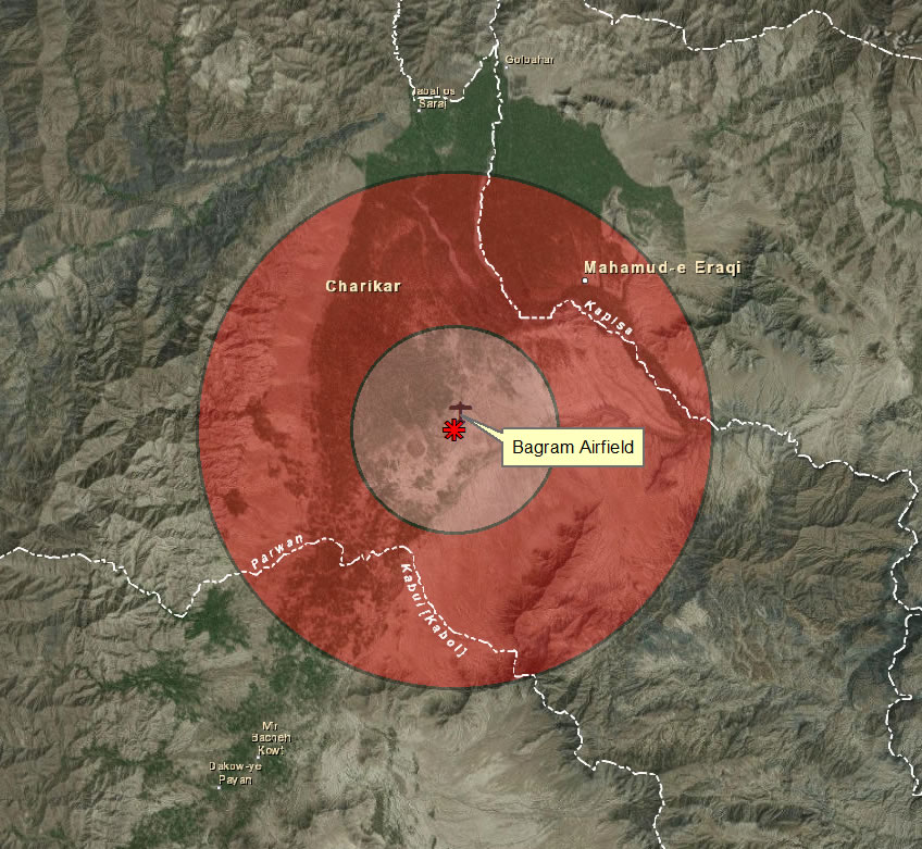 This simulated graphic shows the range rings Berry created using the Multiple Ring Buffer tool. The rings represent the maximum distance that 107mm and 122 mm rockets could have traveled to strike Bagram Air Base in Afghanistan.