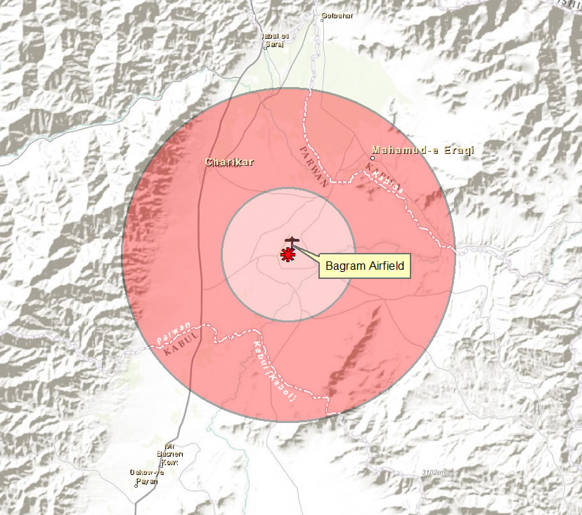 By changing the basemap from imagery to topographic, analysts can see the roads that insurgents might have used to get within range of the airfield to fire their rockets.