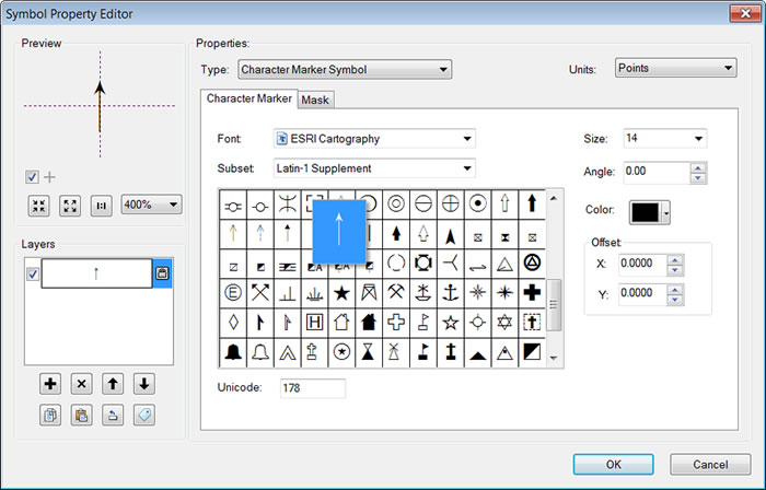 Figure 4. An arrow glyph in the ESRI Cartography font can be used in a character marker symbol to show the vectors.