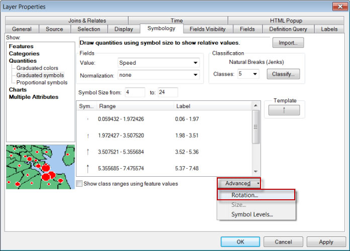 Figure 6. Use the advanced rotation option to symbolize the wind direction.