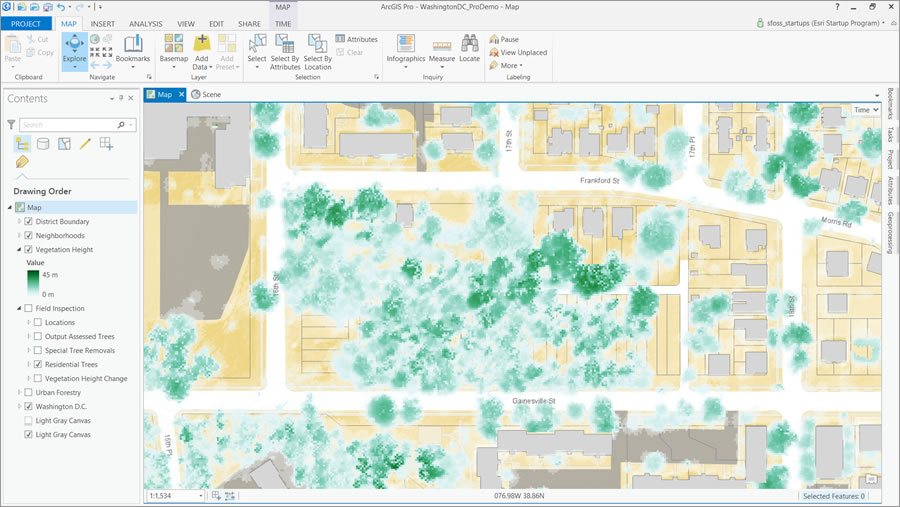 Lidar imagery in ArcGIS Pro shows the height of trees before deforestation.