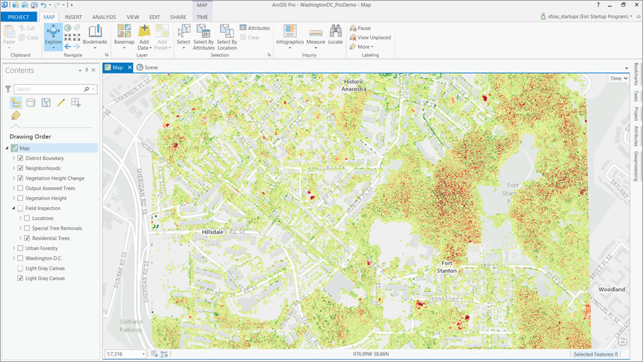 Lidar imagery in ArcGIS Pro identifies the trees illegally removed and calculates their size before they were felled. Lidar imagery in ArcGIS Pro identifies the trees illegally removed and calculates their size before they were felled.
