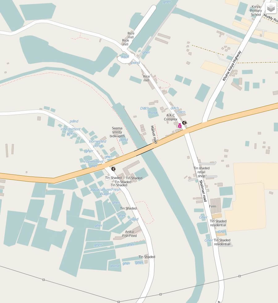 Khulna University students spent two days walking through a rural area of Khulna District, capturing detailed information such as building types and the names of roads and fish ponds, which were added to this map. © OpenStreetMap contributors