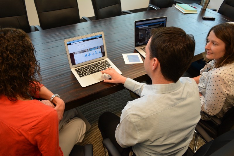 Courtney Bernardi (left) and Bethany Lavigno-Hountz, of Johns Creek Advantage, consult with Nick O'Day, Johns Creek senior GIS manager, about how to use open data for economic development. Courtney Bernardi (left) and Bethany Lavigno-Hountz, of Johns Creek Advantage, consult with Nick O'Day, Johns Creek senior GIS manager, about how to use open data for economic development.
