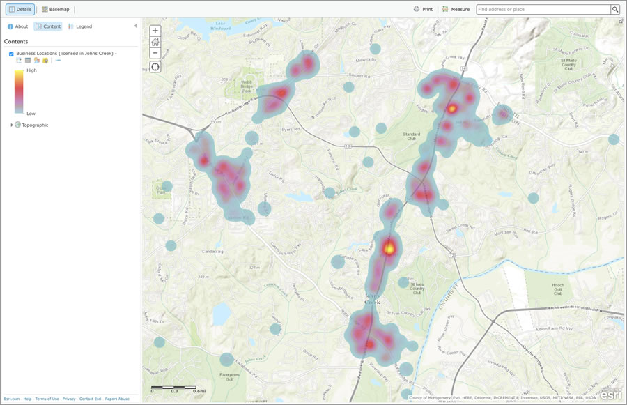 A heat map of licensed businesses in Johns Creek was created in the portal using ArcGIS. A heat map of licensed businesses in Johns Creek was created in the portal using ArcGIS.