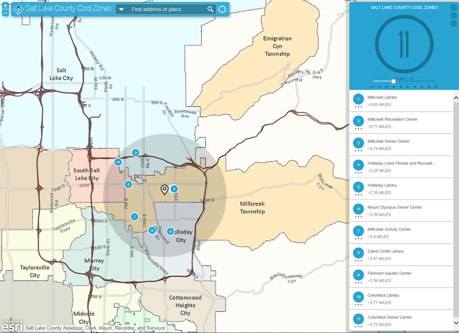 The locations of Cool Zones within four miles of the user's chosen location appear on the map and in a list to the right of the map.