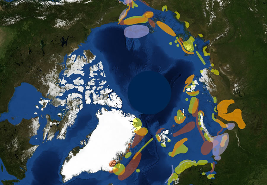 This map is a vulnerability picture of the Arctic. Areas in deeper burgundy are considered more environmentally vulnerable during summer due to the walruses, seals, and the large number of whales feeding in the area.