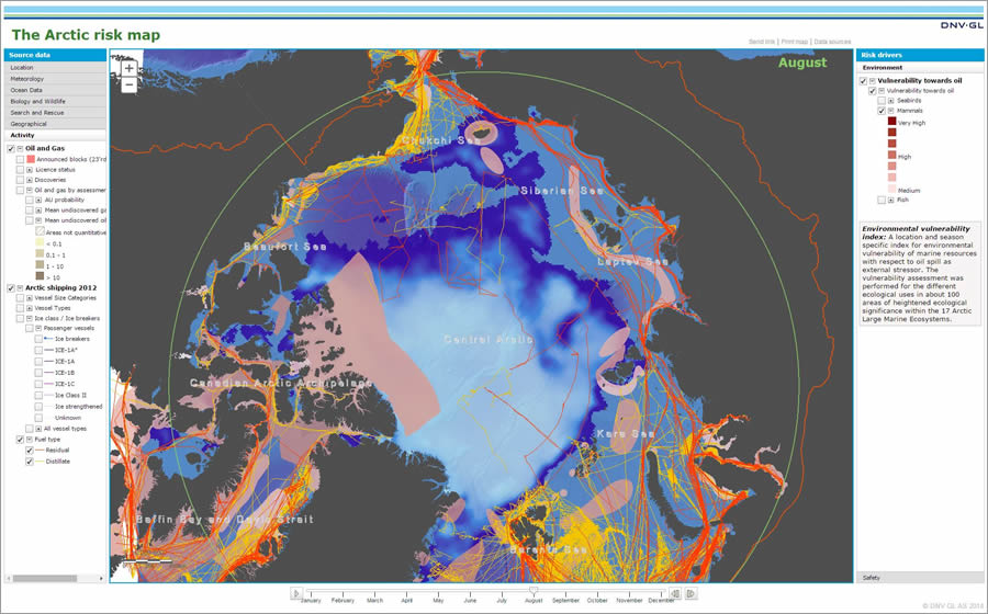 This map displays the locations of environmentally vulnerable marine mammals combined with Arctic shipping routes, visible as red lines. Ships hauling heavy fuel oil travel along these routes.