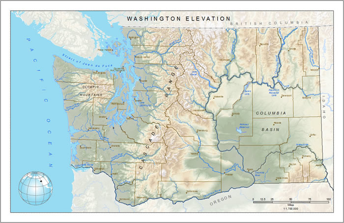 Figure 2. Text for important physical features, such as water bodies and mountains, and neighboring areas, such as states or countries, appear in a finished, professional map.