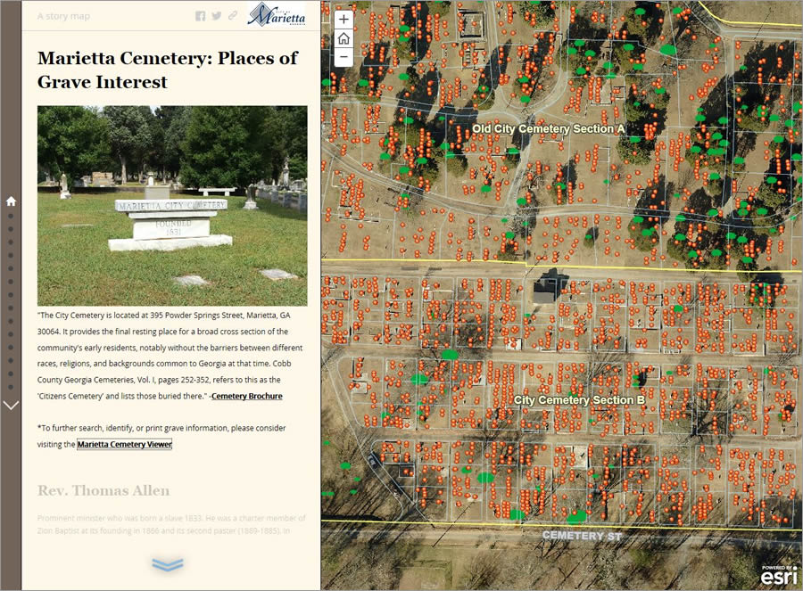 Each orange symbol in this Esri Story Map Journal denotes a grave marker at the Marietta Cemetery.