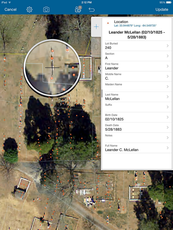 The staff, interns, and volunteers tasked with recording data in the cemetery used Collector for ArcGIS, which allowed them to zoom in on high-resolution imagery to get accurate grave marker placements.